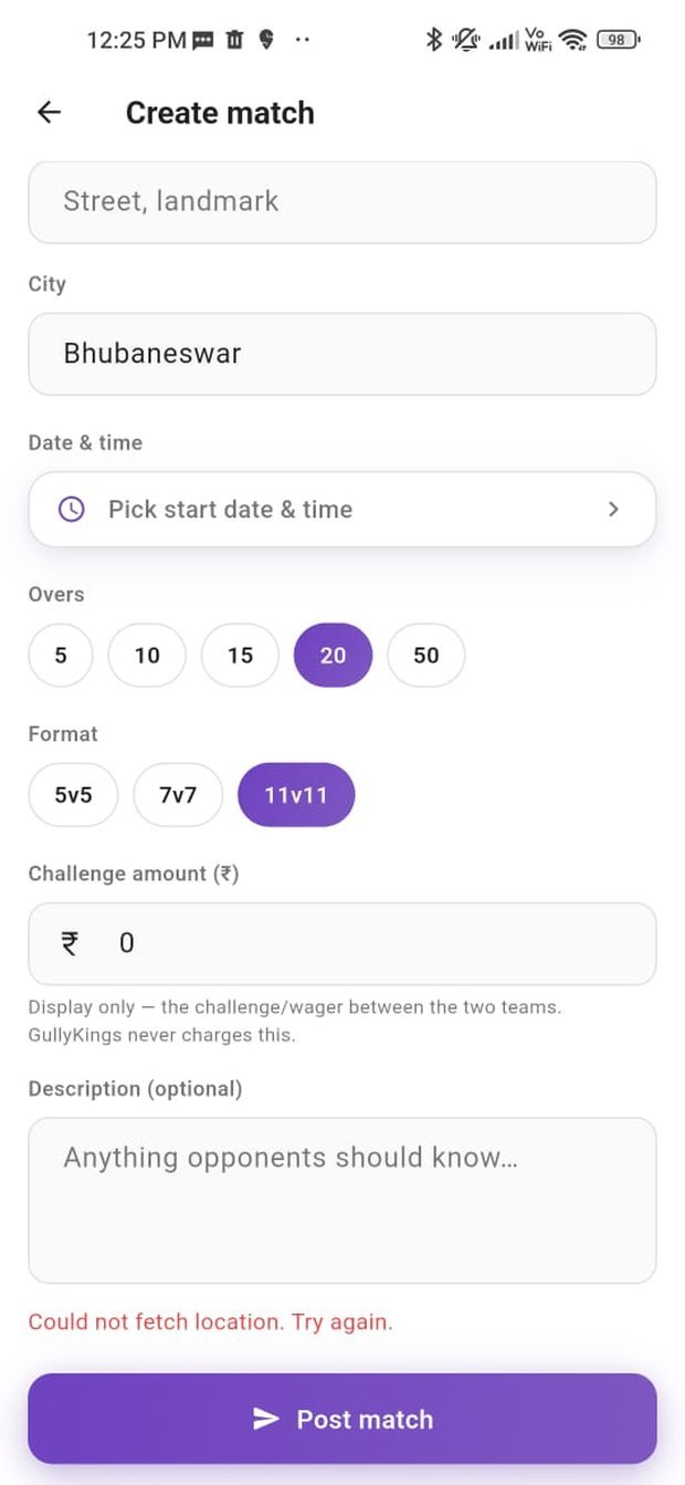 Creating a cricket match in the GullyKings app — city, date, overs and format