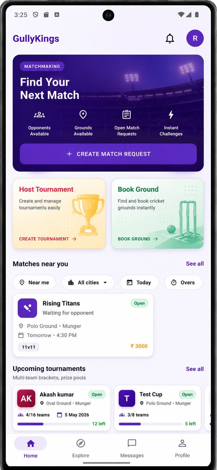 GullyKings app home screen — Find Your Next Match, host a tournament or book a ground