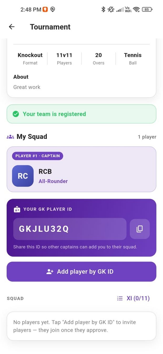 A GullyKings GK Player ID shown in the app, used to invite players to a squad