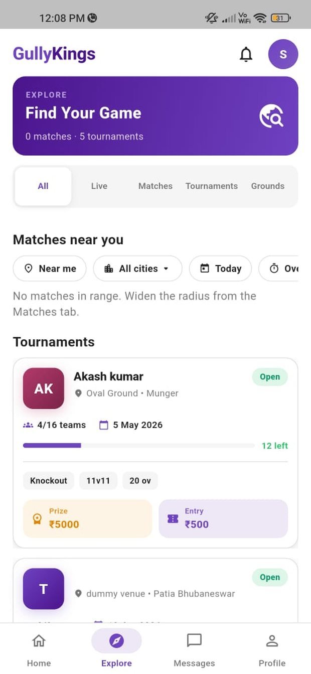 GullyKings Explore screen — find matches and tournaments near you