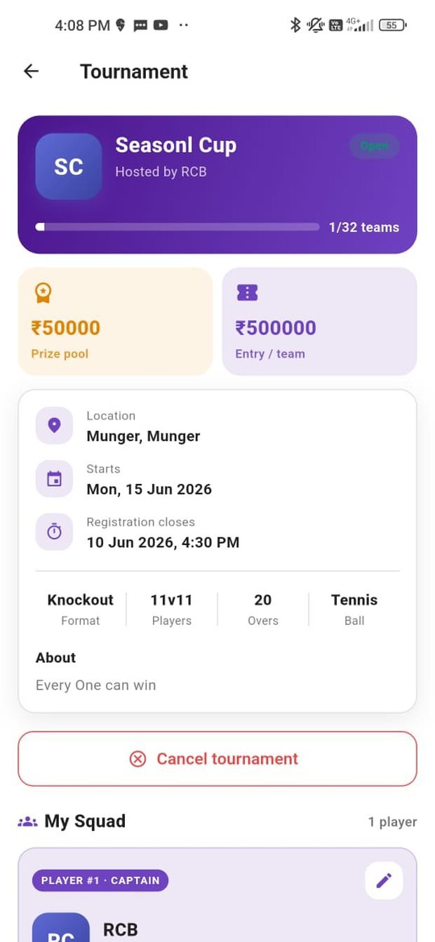 A cricket tournament page in the GullyKings app showing teams, format and schedule